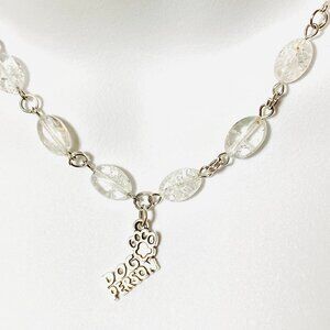Clear Crackle Quartz Short Necklace, Gemstone & Cute Dog Person Paw Print Charm